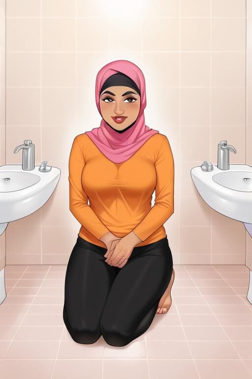 hijab mom kneeling in bathroom 2