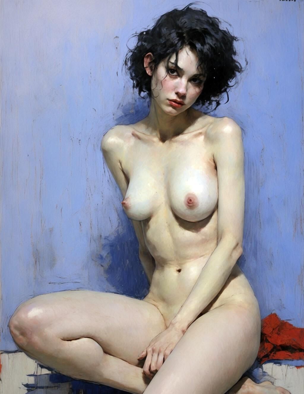 Posing nude with messy black hair