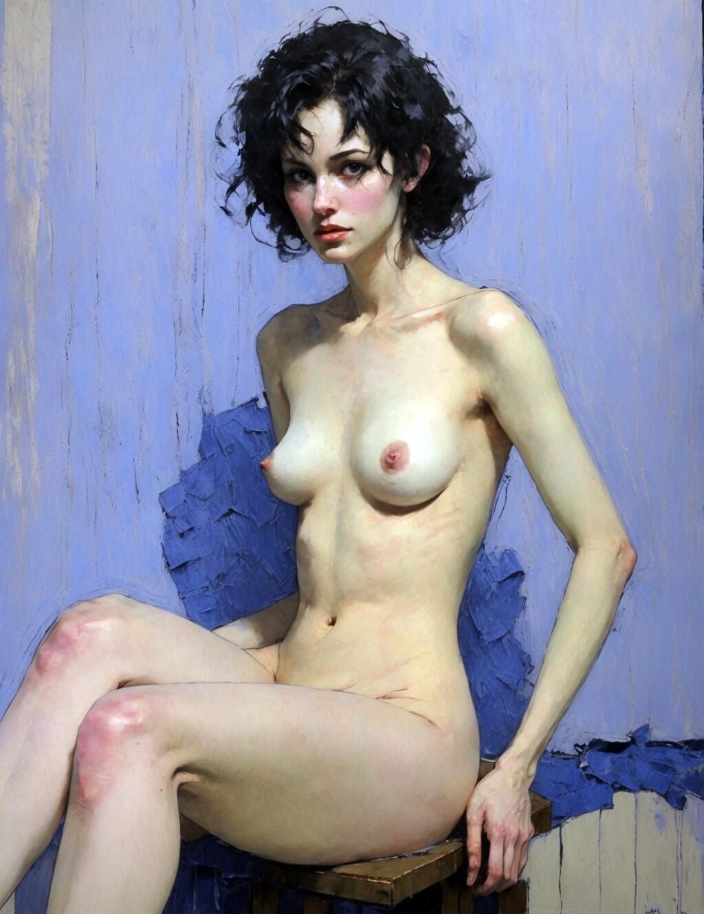 Posing nude with messy black hair