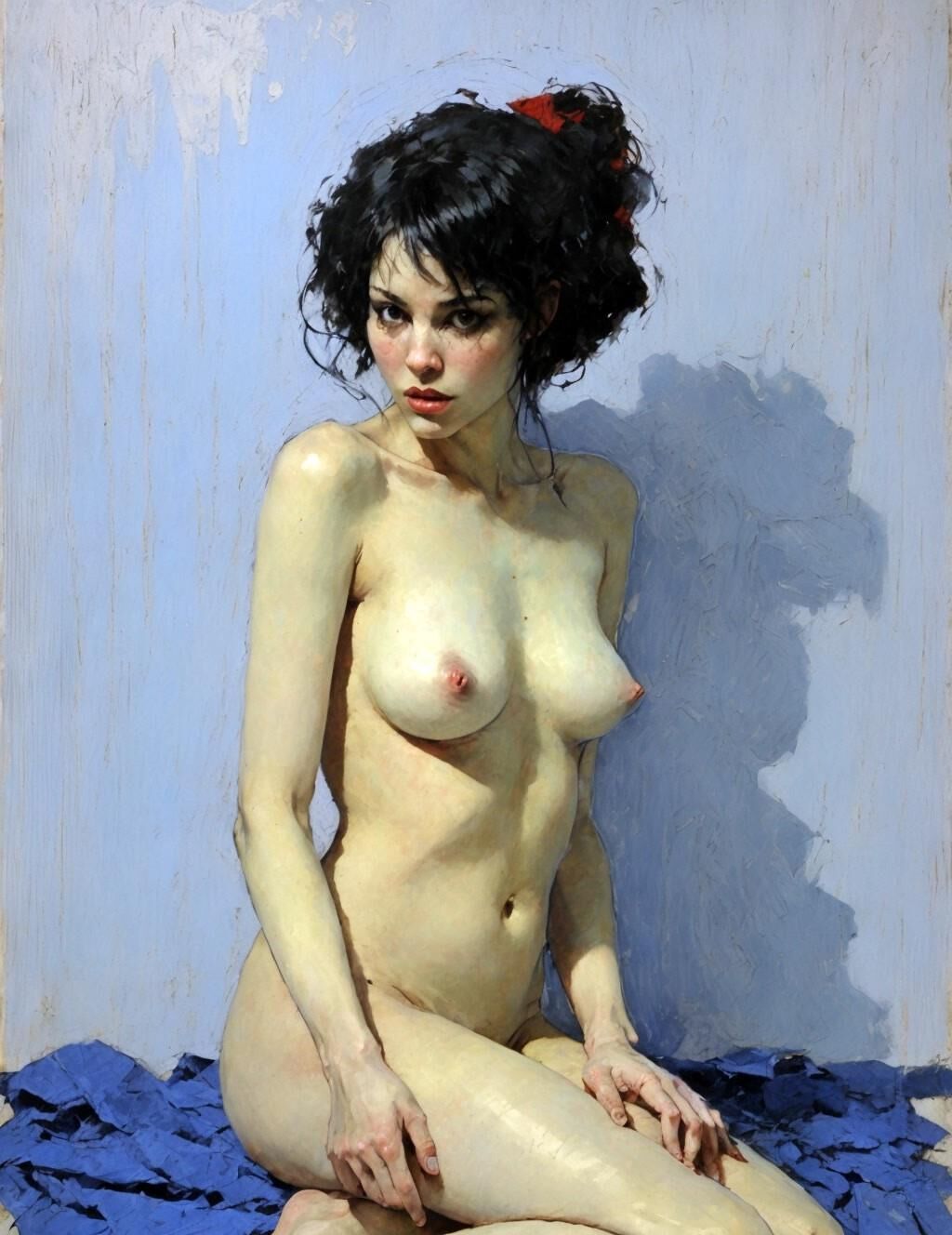 Posing nude with messy black hair