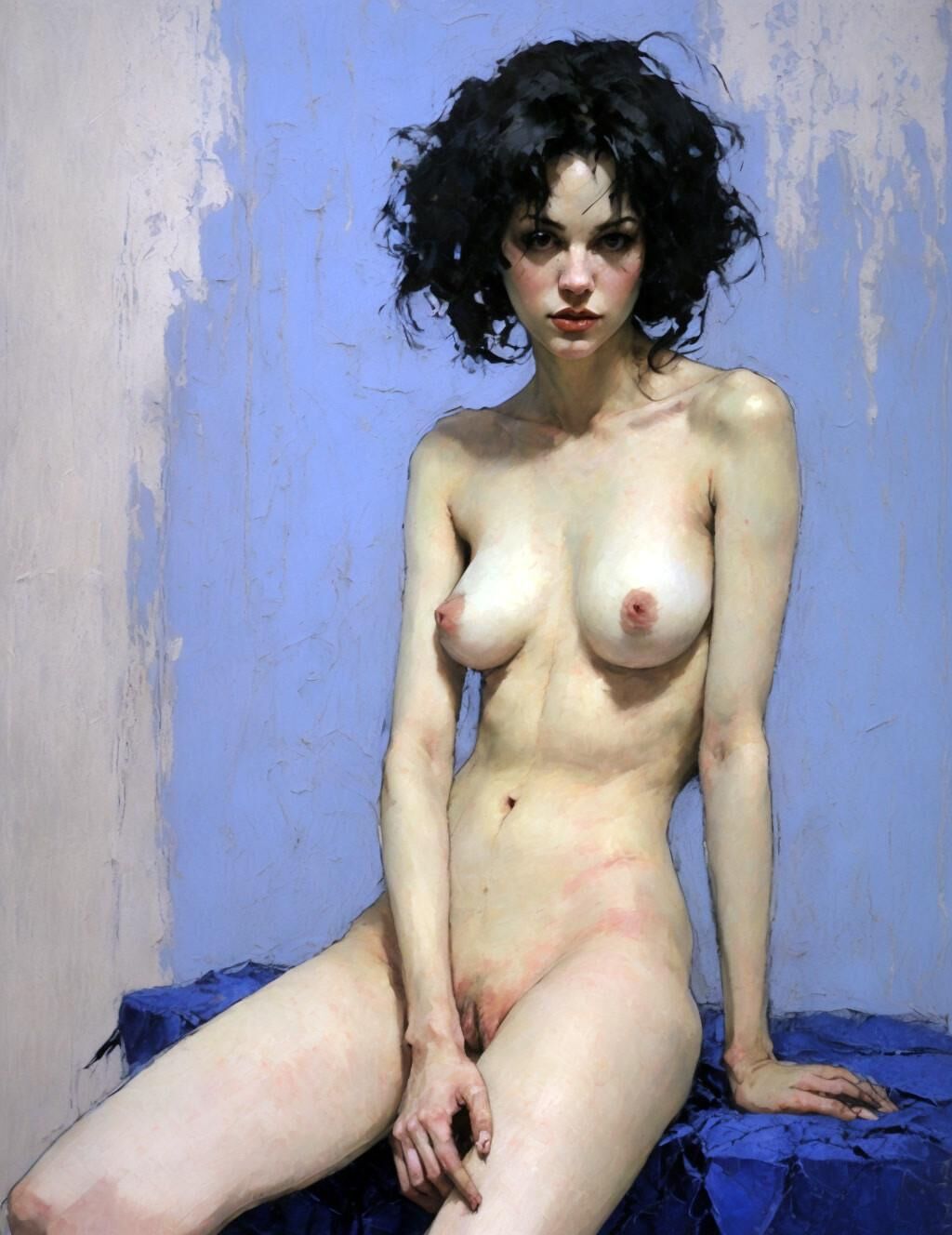 Posing nude with messy black hair