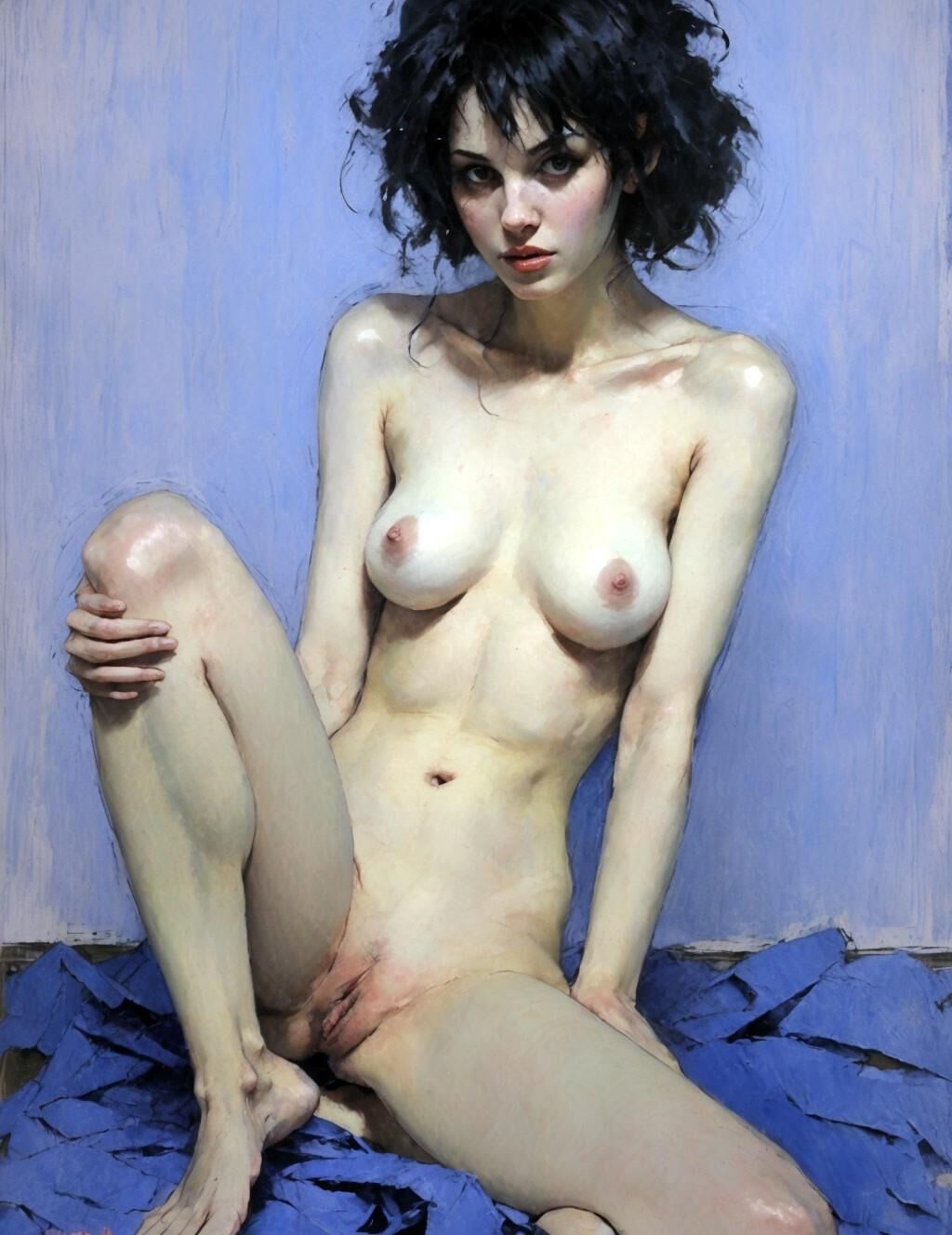 Posing nude with messy black hair