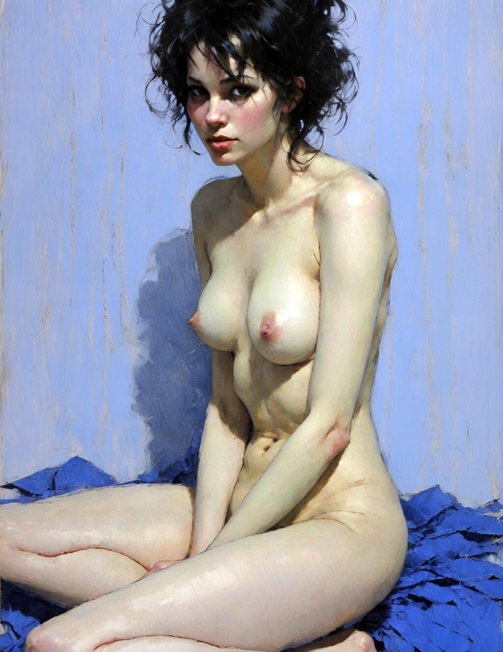 Posing nude with messy black hair