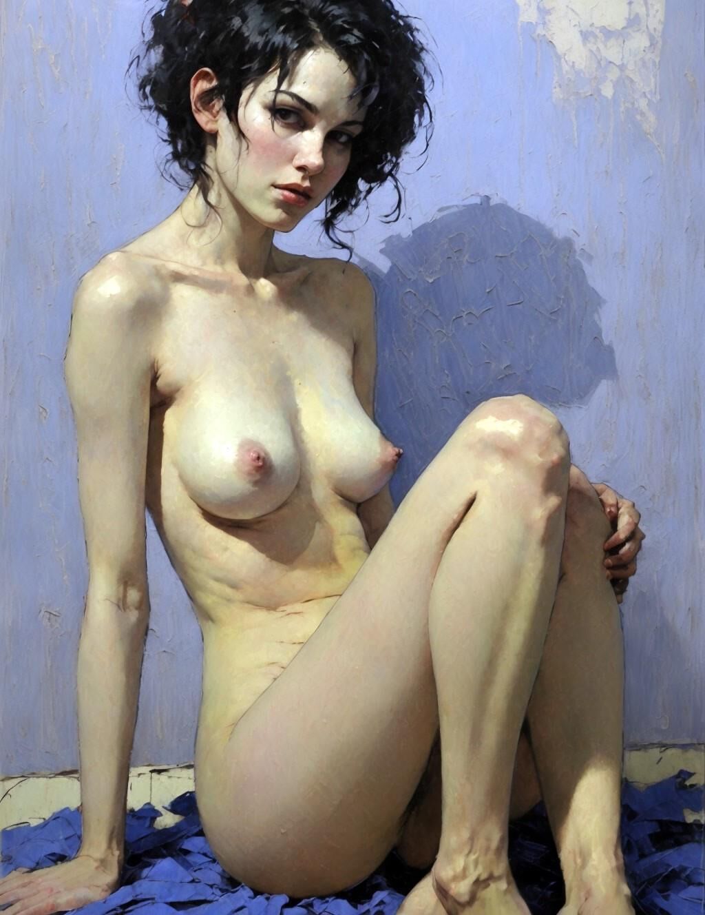 Posing nude with messy black hair