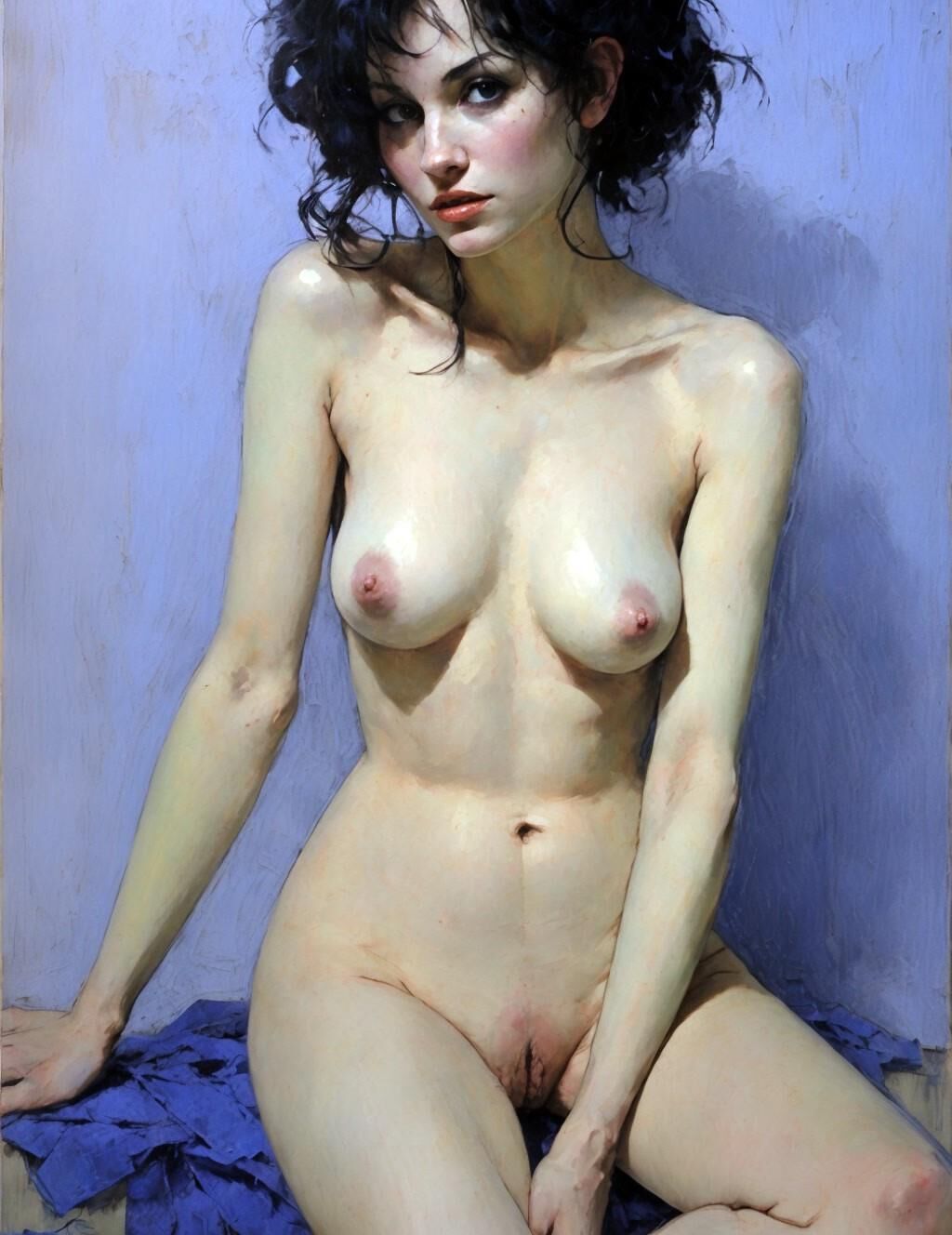 Posing nude with messy black hair