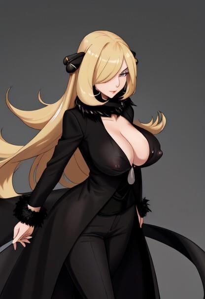 Cynthia, championne de Pokémon aux gros seins, générée par IA