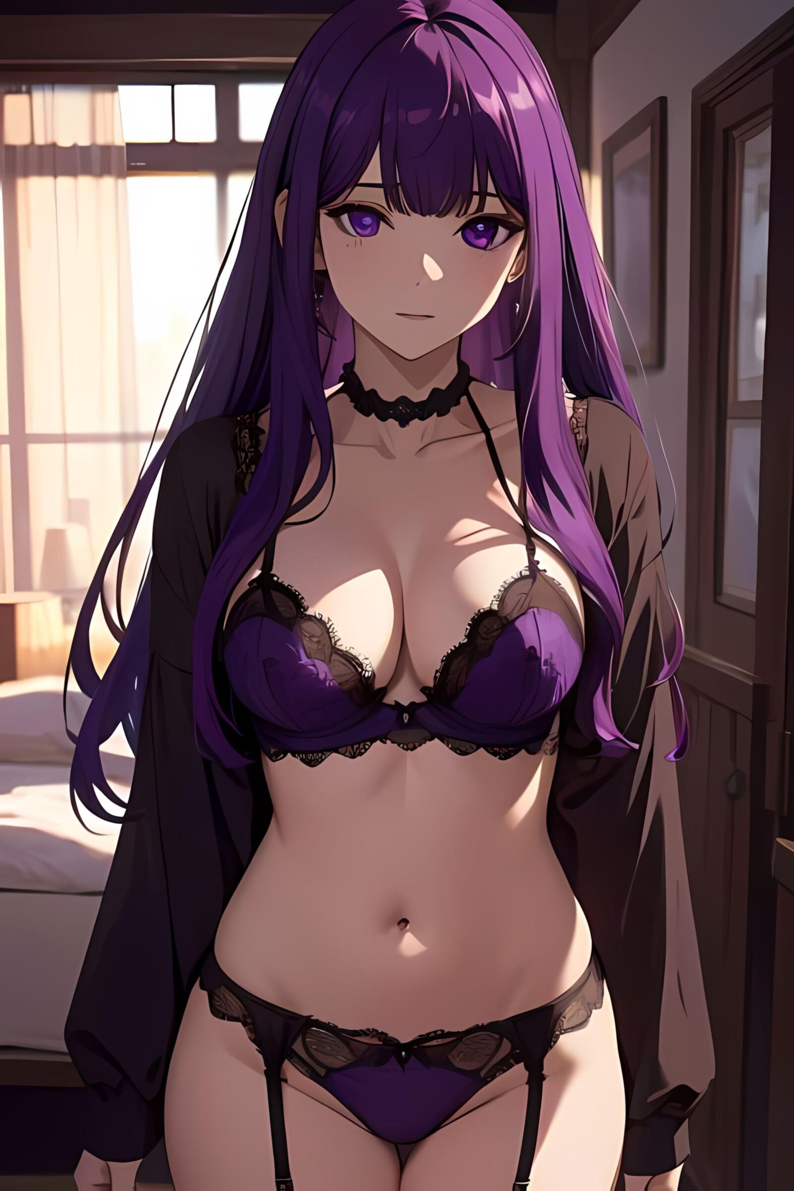 Anime Girl Fern Purple Hair em lingerie e nua