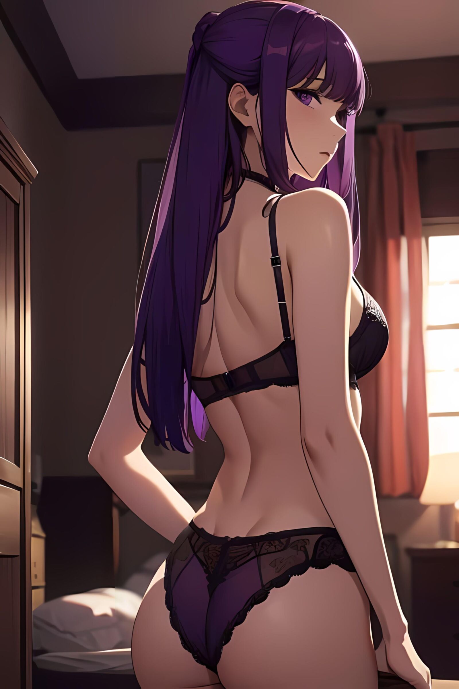 Anime Girl Fern Purple Hair em lingerie e nua