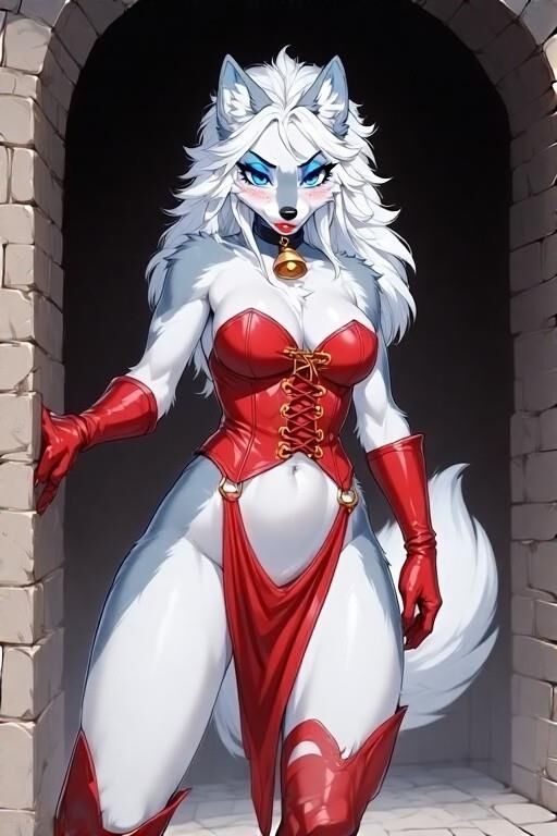 Ai pelzige weibliche Dominatrix Wolf mit rotem Leder