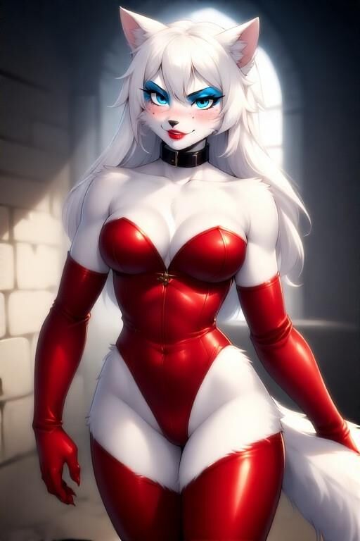 Ai pelzige weibliche Dominatrix Wolf mit rotem Leder