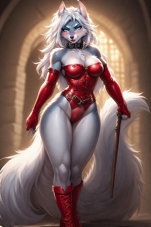 Ai pelzige weibliche Dominatrix Wolf mit rotem Leder
