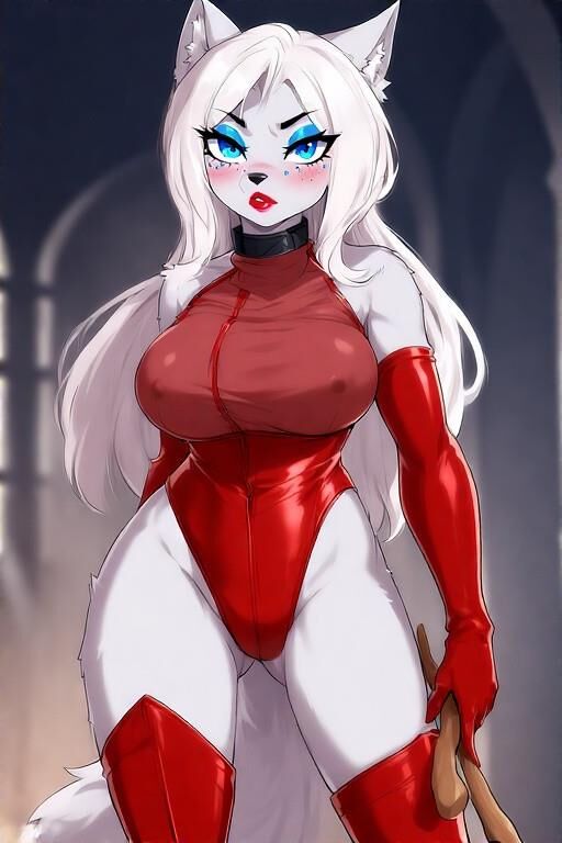 Ai pelzige weibliche Dominatrix Wolf mit rotem Leder
