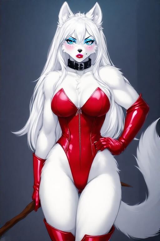 Ai pelzige weibliche Dominatrix Wolf mit rotem Leder