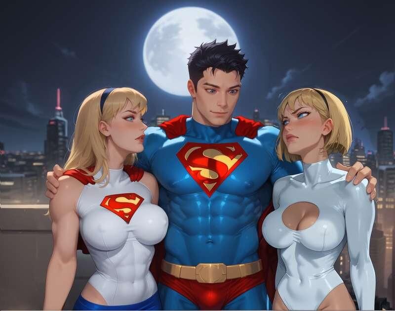 DCスーパーマンはパワーガールとスーパーガールトリオをファックします